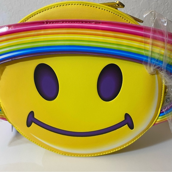 Lisa Frank Loungefly Yellow Rainbow Ring Smiley Face Saturn Crossbody Bag - Picture 7 of 12